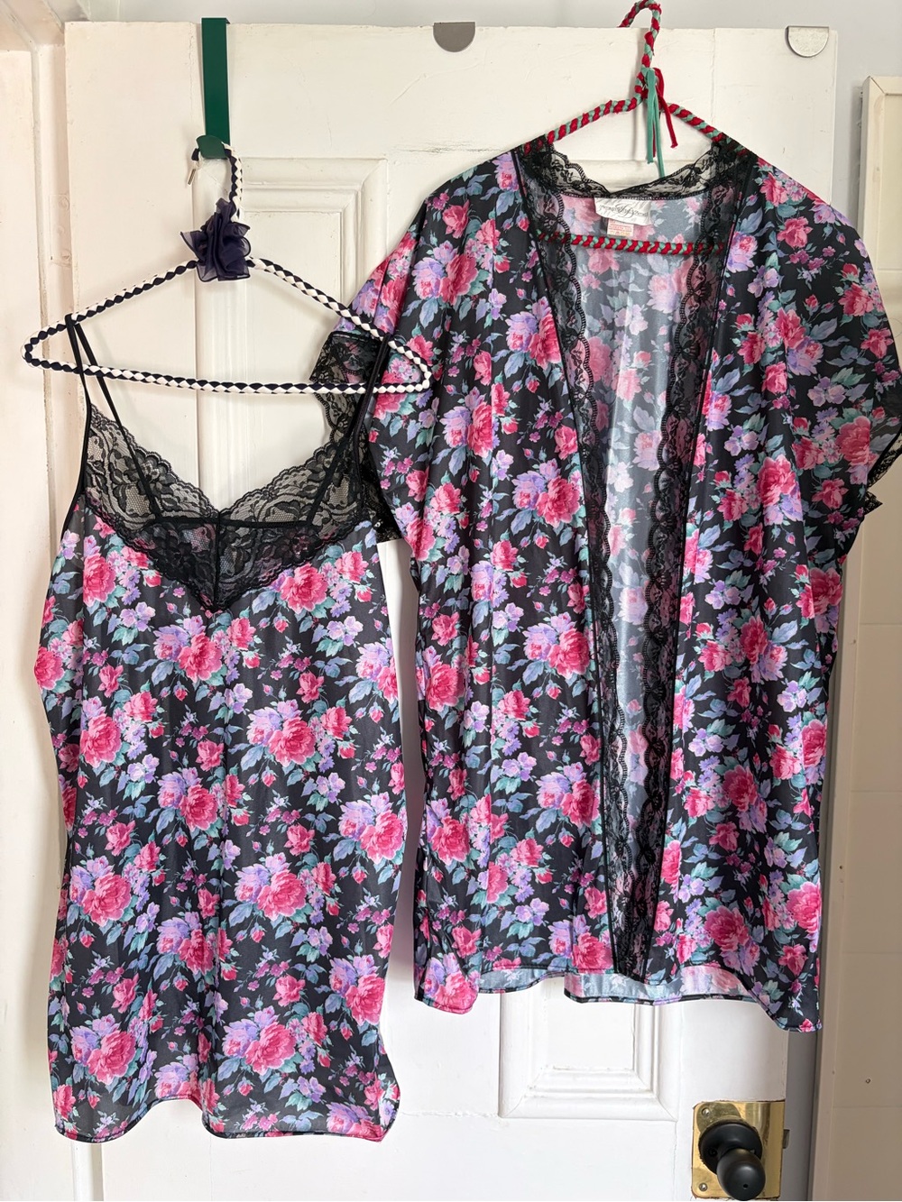Vintage Nylon Matching Robe & Slip Set with Black Lace Trim